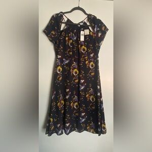 Line & Dot Black Midi Dress with Floral Print